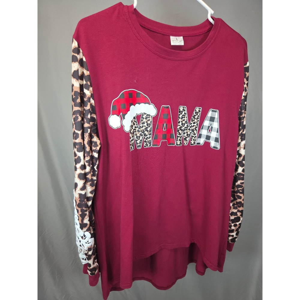 Mama Graphic Top Womens L Burgundy Holiday Lace Long Sleeve Lightweight 2023